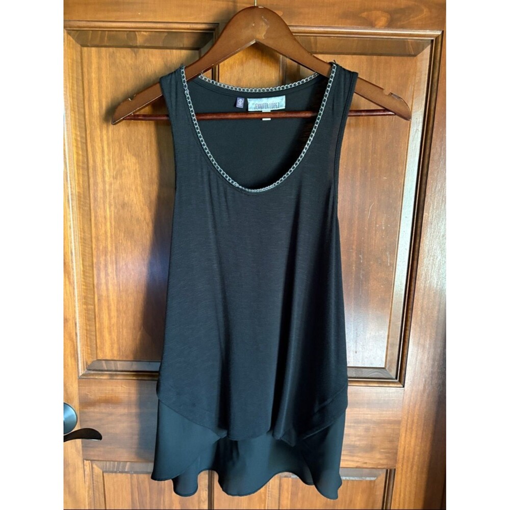 Black Tank with Chain-Trim Scoop Neck, Dual Textured, High/Low XS